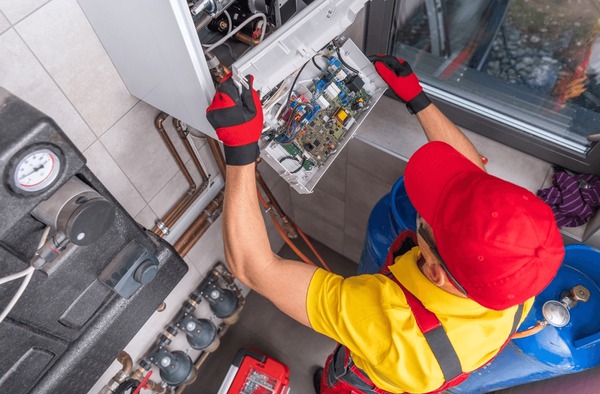 Technicien réparant une chaudière gaz Viessmann en panne
